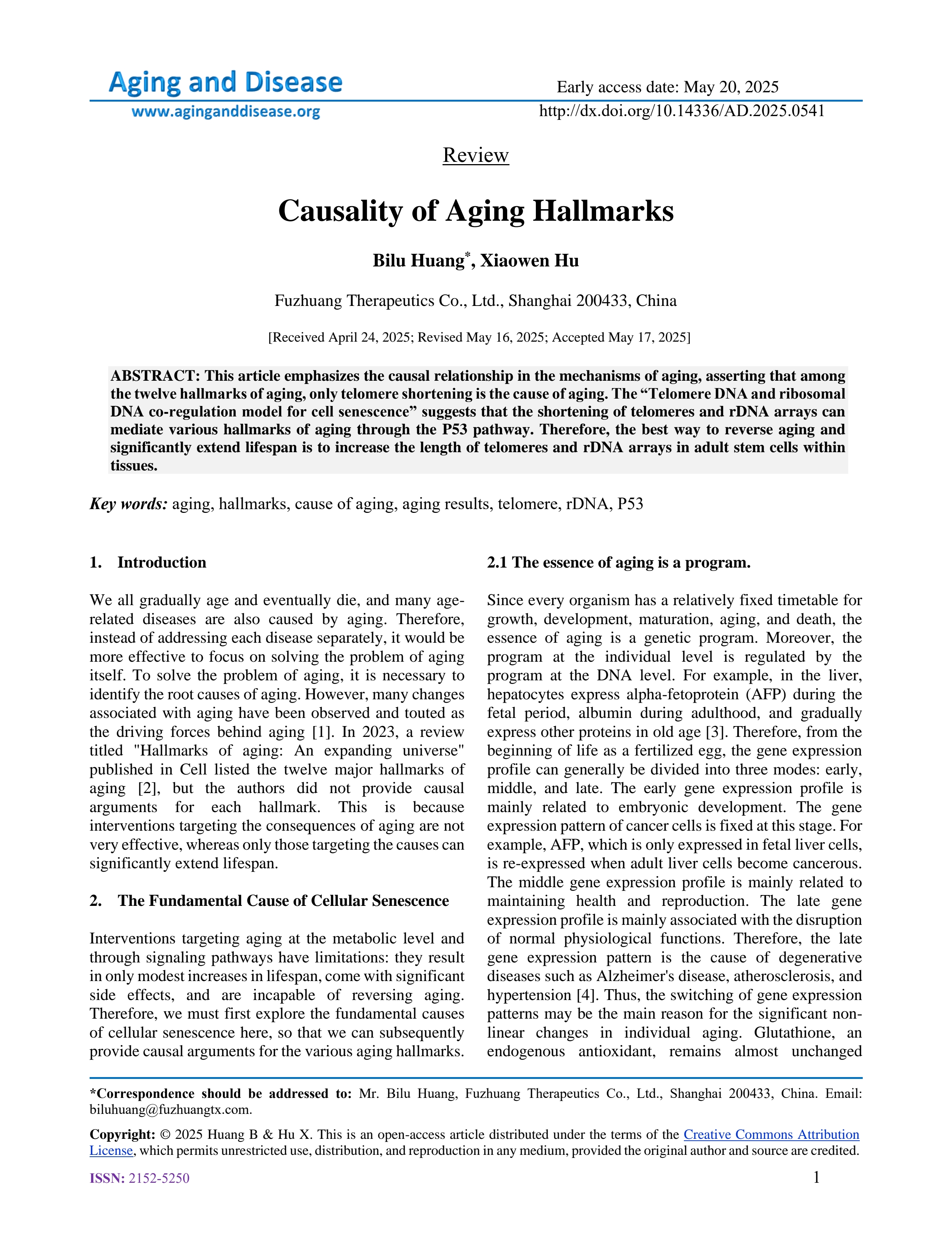 Aging and Disease 2026 Causality of Aging Hallmarks first page