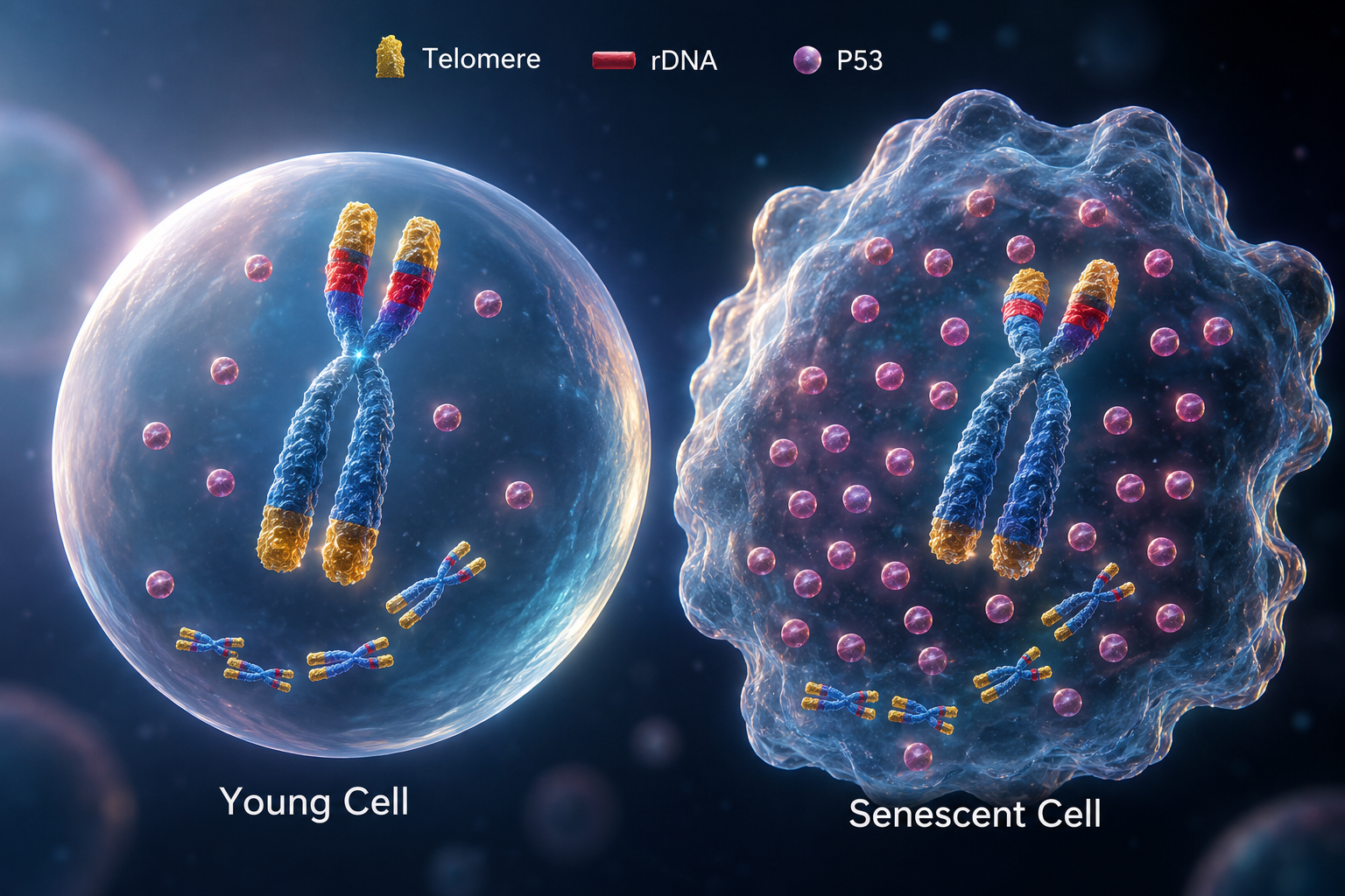 TRCS framework diagram comparing young and senescent cells